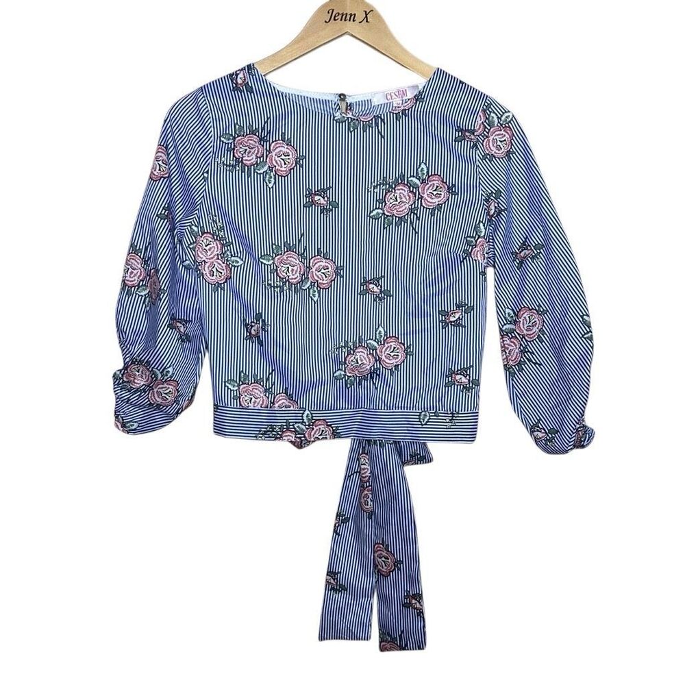 Cesem Blue Floral Long Sleeve Cropped Top Size M Striped Open Tie Back